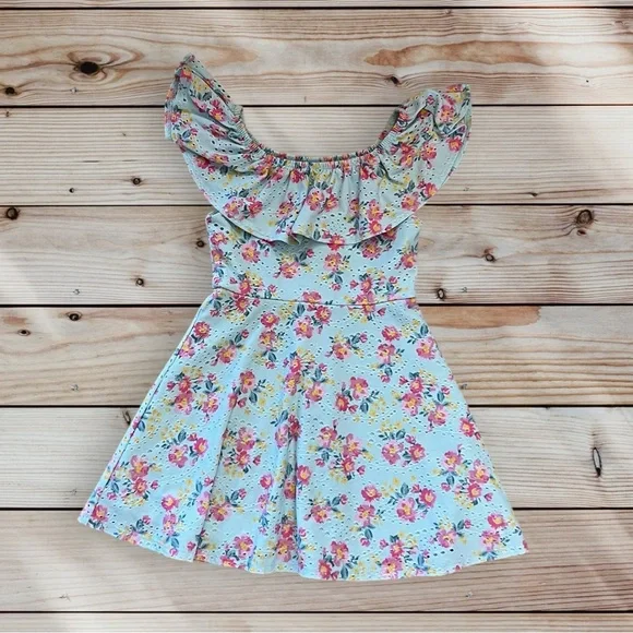 Btween Girls Light Blue Pink Yellow Floral Ruffle Neck Dress Size 6 Spring - Picture 1 of 5